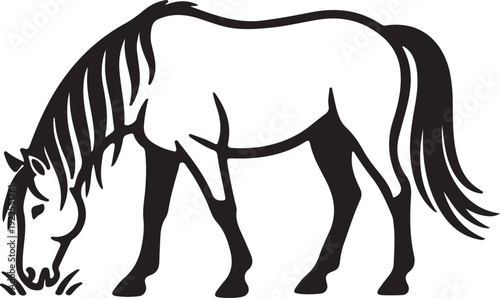 Long mane horse grazing peacefully, elegant curved lines, premium logo style icon. in silhouette of white background.
