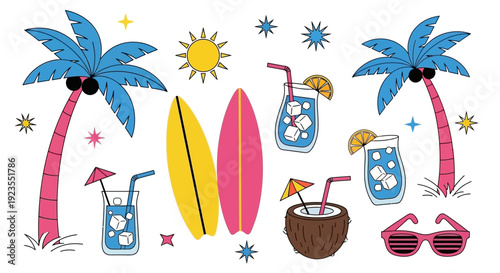 A vibrant collection of tropical summer vacation elements, including palm trees, surfboards, refreshing drinks, sunglasses, and a sunny sky.