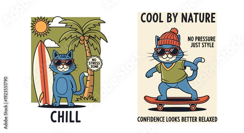 Two cartoon cats depicted in a relaxed, stylish manner, one with a surfboard and palm tree, the other on a skateboard.