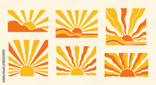 A collection of six retro-style illustrations depicting sunrises with radiating sunbeams and abstract wavy landscapes in warm orange and yellow tones.