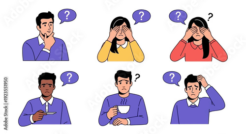 A collection of diverse individuals expressing confusion and uncertainty with question marks above their heads.