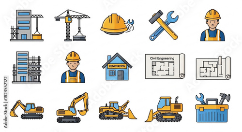 Construction site icons set with workers machinery and tools in yellow and blue on white background