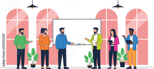 Flat vector illustration of professional business people having a meeting in a modern office with whiteboard for corporate presentation teamwork and creative brainstorming session