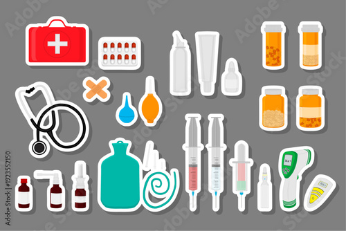 Big colored set different types of syrup in vial