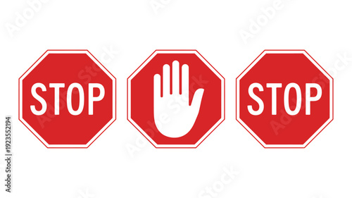 stop signs two with text and one with a hand symbol