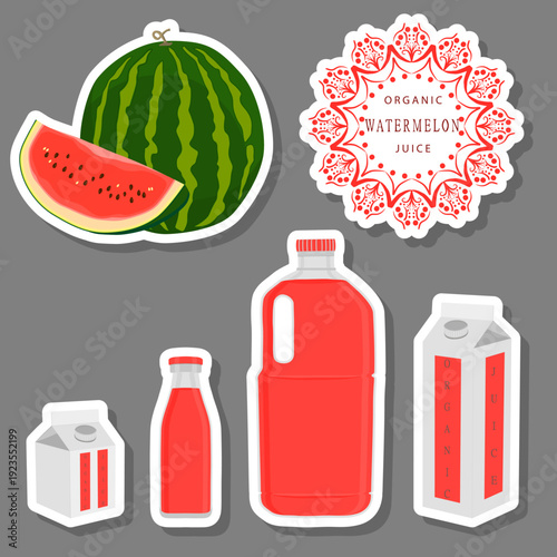 big set different types of juice watermelon in bottle