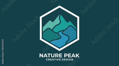 A dynamic hexagonal logo featuring mountains and rivers representing adventure, nature, and exploration, suitable for outdoor brands and adventure services.