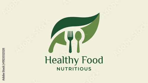 The Healthy Food logo showcases a leaf combined with utensils symbolizing nutritious food and healthy eating, ideal for a brand focused on organic and healthy cuisine.