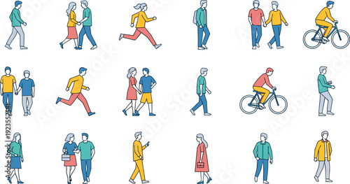 Vector collection of flat people characters walking running cycling and holding hands in various poses for architectural visualization urban lifestyle and community design projects