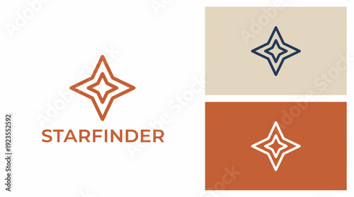 A distinctive logo design featuring a geometric star motif, representing navigation and discovery, beautifully crafted with a contemporary color palette for Starfinder branding.