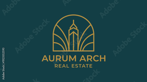 A modern logo design for 'Aurum Arch Real Estate', featuring an elegant arch and skyscraper representation, symbolizing stability and luxury in real estate ventures.