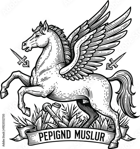 Detailed black and white woodcut style illustration of a rearing winged horse or pegasus featuring ancient weaponry and a Latin-style motto banner below.