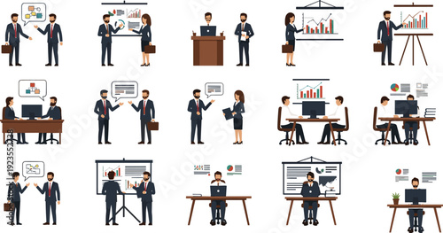 Vector collection of professional business people characters working at desks giving presentations analyzing data and communicating in a modern office environment for corporate design