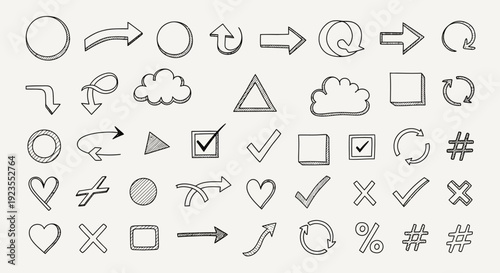 A collection of hand-drawn doodle icons including arrows, shapes, checkmarks, hearts, and clouds on a textured background.