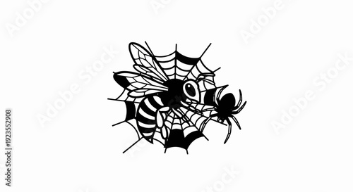 A cartoon bee struggles against a spider in a web