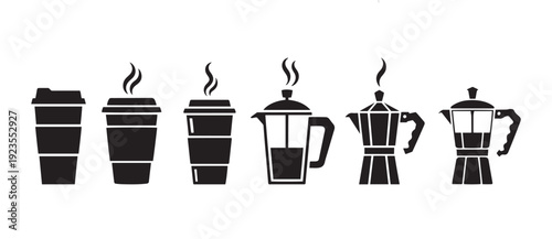 Coffee Preparation and Serving Icons. Disposable Cups, French Press, and Moka Pot Collection.