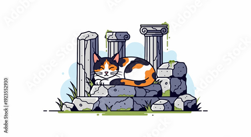 A calico cat naps peacefully on ancient ruins adorned with moss
