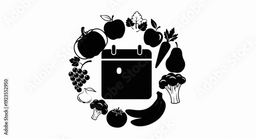 A calendar is surrounded by a circular arrangement of fresh fruits and vegetables