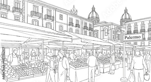 A bustling outdoor market scene with stalls overflowing with produce and shoppers browsing under awnings