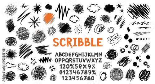 A diverse collection of hand-drawn scribble elements, including abstract shapes, clouds, stars, and alphabets, presented in black and orange.