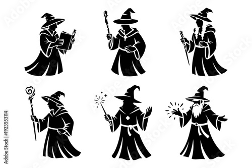 A set of six black silhouette wizard icons in various magical poses