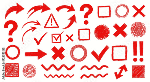 A collection of red hand-drawn symbols including arrows, question marks, checkmarks, crosses, circles, squares, and exclamation points.