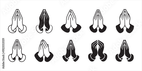 Set of Praying Hands Icons. Diverse Styles and Colors for Faith, Hope, and Spirituality Concepts.