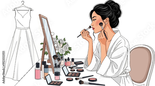 A bride-to-be applies makeup in a robe with her wedding dress nearby