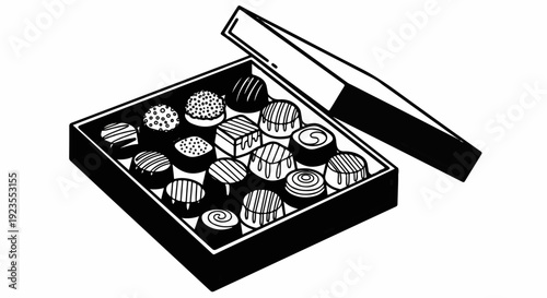 A box of assorted chocolates with the lid open