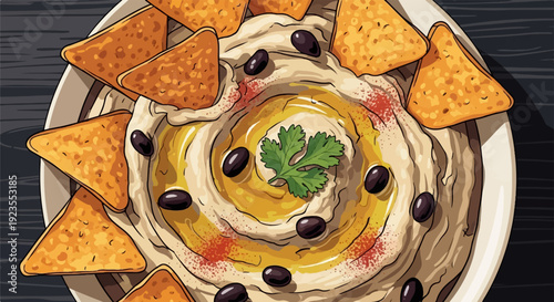 A bowl of creamy hummus topped with olives, oil, and a garnish