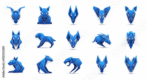 Blue Geometric Animal Avatars and Wild Creature Icons Collection for Digital Design and Branding Vector Illustration