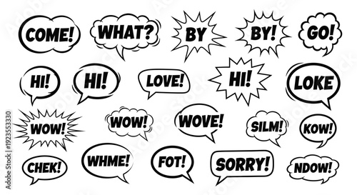 A collection of comic book style speech bubbles with various words and exclamations like 'COME!', 'WHAT?', 'BY BY!', 'HI!', 'LOVE!', 'WOW!', 'SORRY!', and 'NDOW!'.