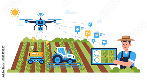 Precision Agriculture: Farmer controlling smart farm technology (Drone, IoT Robot, Autonomous Tractor) via tablet for modern crop management and data analysis.