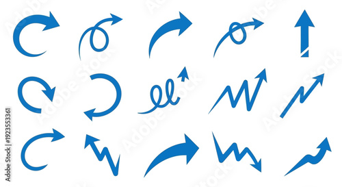 A collection of blue arrows in various styles and directions, including curved, straight, and zigzagging designs.