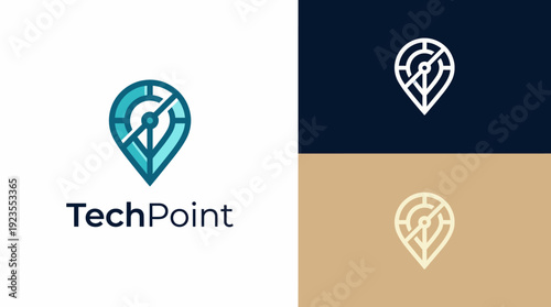 This logo presents a unique tech compass symbol designed for navigation and direction, perfect for businesses seeking modern branding in their services or products.