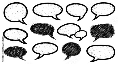 A collection of hand-drawn speech bubbles in various shapes and styles, some filled with scribbled texture.