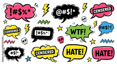 A collection of colorful speech bubbles with censored curse words, symbols, and the word "HATE!" and "WTF!".