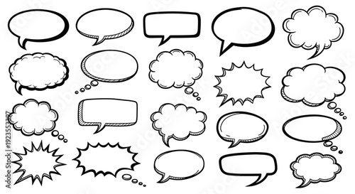 A collection of diverse hand-drawn speech bubbles and thought clouds in various shapes and sizes, presented on a white background.