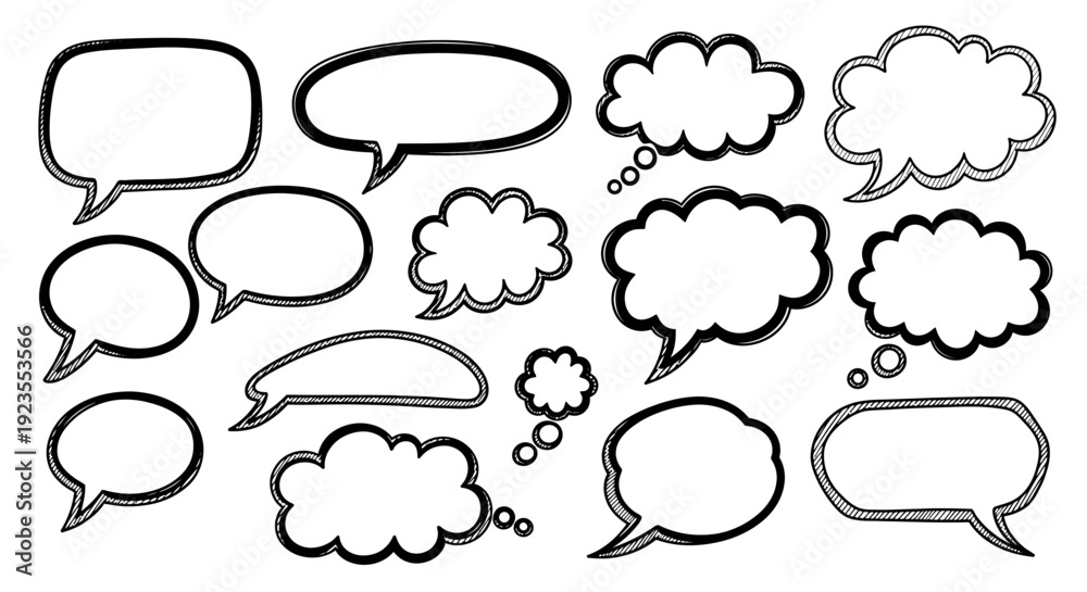 Fototapeta premium A collection of hand-drawn speech and thought bubbles in various shapes and sizes, presented in black and white.