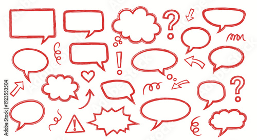 A collection of hand-drawn red speech bubbles and symbols on a white background.