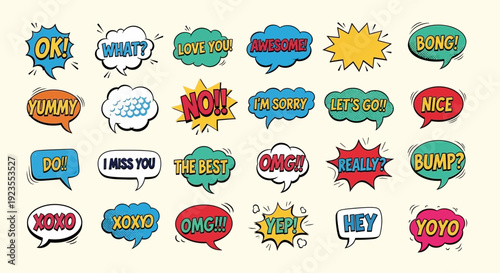 A collection of colorful comic book style speech bubbles with various words and exclamations.