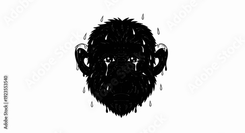 A black, stylized drawing of a primate face with dripping tears and sweat