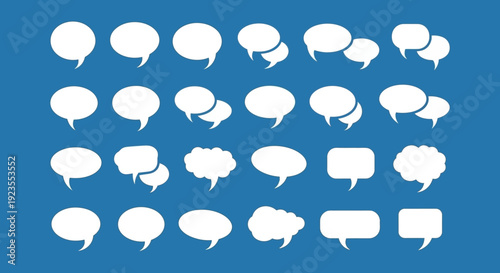 A collection of various white speech bubbles and thought bubbles arranged in rows against a blue background.