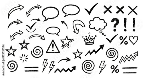 A diverse collection of hand-drawn graphic elements including arrows, checkmarks, crosses, speech bubbles, stars, exclamation marks, and more, presented in a black and white sketch style.