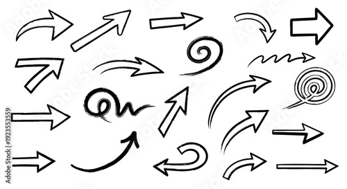 A diverse collection of hand-drawn arrow icons in various styles and directions, perfect for design elements.