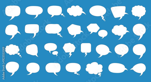 A collection of diverse white speech bubbles and thought bubbles on a blue background.