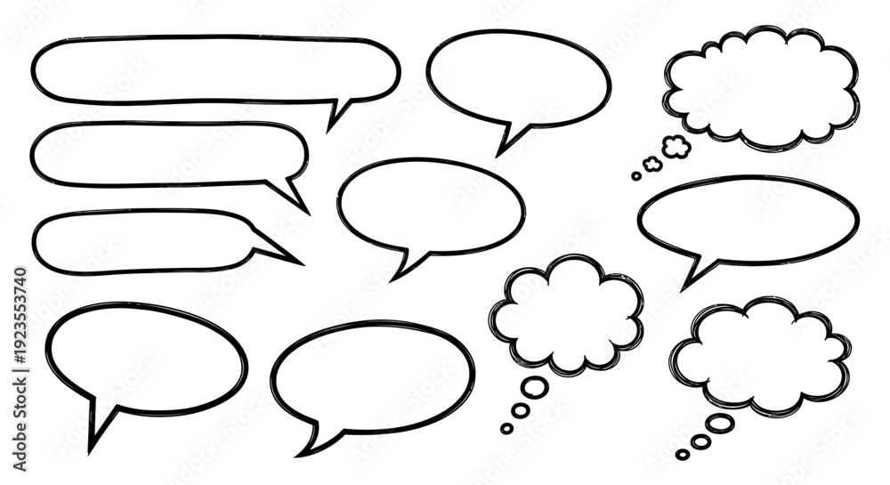 Fototapeta premium A collection of hand-drawn speech and thought bubbles in various shapes and sizes.