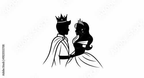 A black silhouette of a crowned prince and princess looking at each other