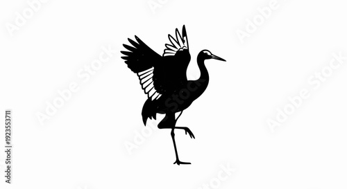 A black silhouette of a crane in mid-motion, one leg raised, wings outstretched
