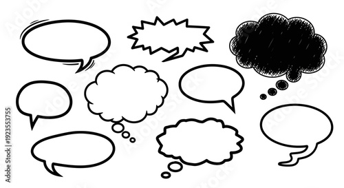 A collection of diverse hand-drawn speech bubbles and thought clouds in various shapes and sizes.